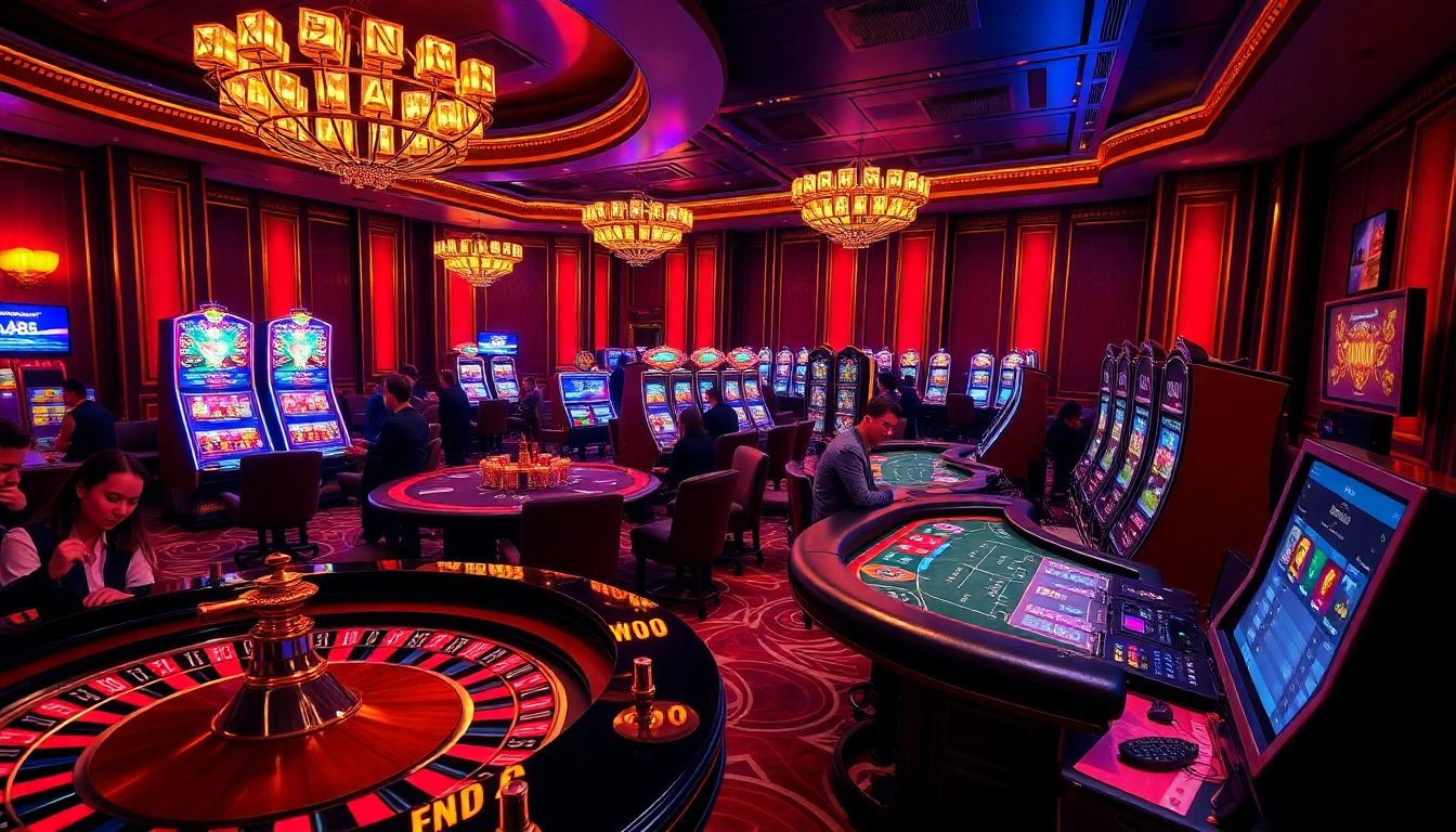 Experience the thrill of gaming at ax88 with a vibrant casino scene featuring roulette and slot machines.