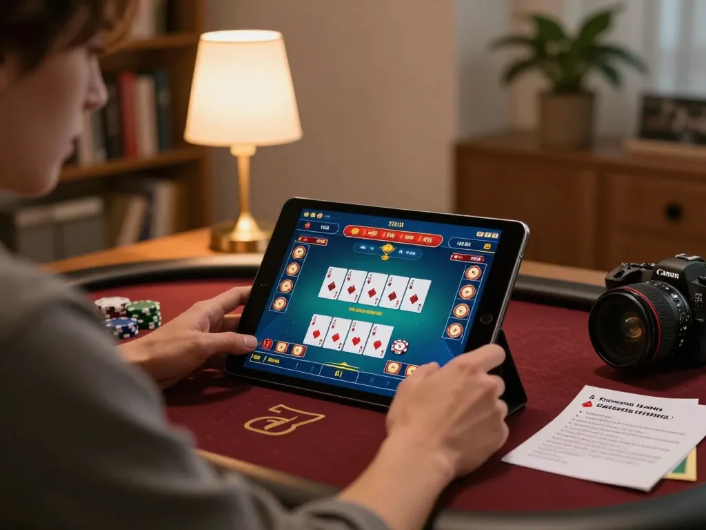 Playing poker on bayvip app in a cozy home setting with vibrant game interface.