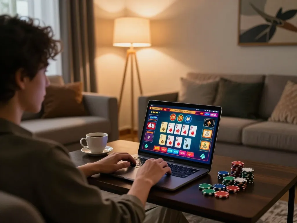 Engaging in online gaming at XX88 with a cozy setup and poker interface visible