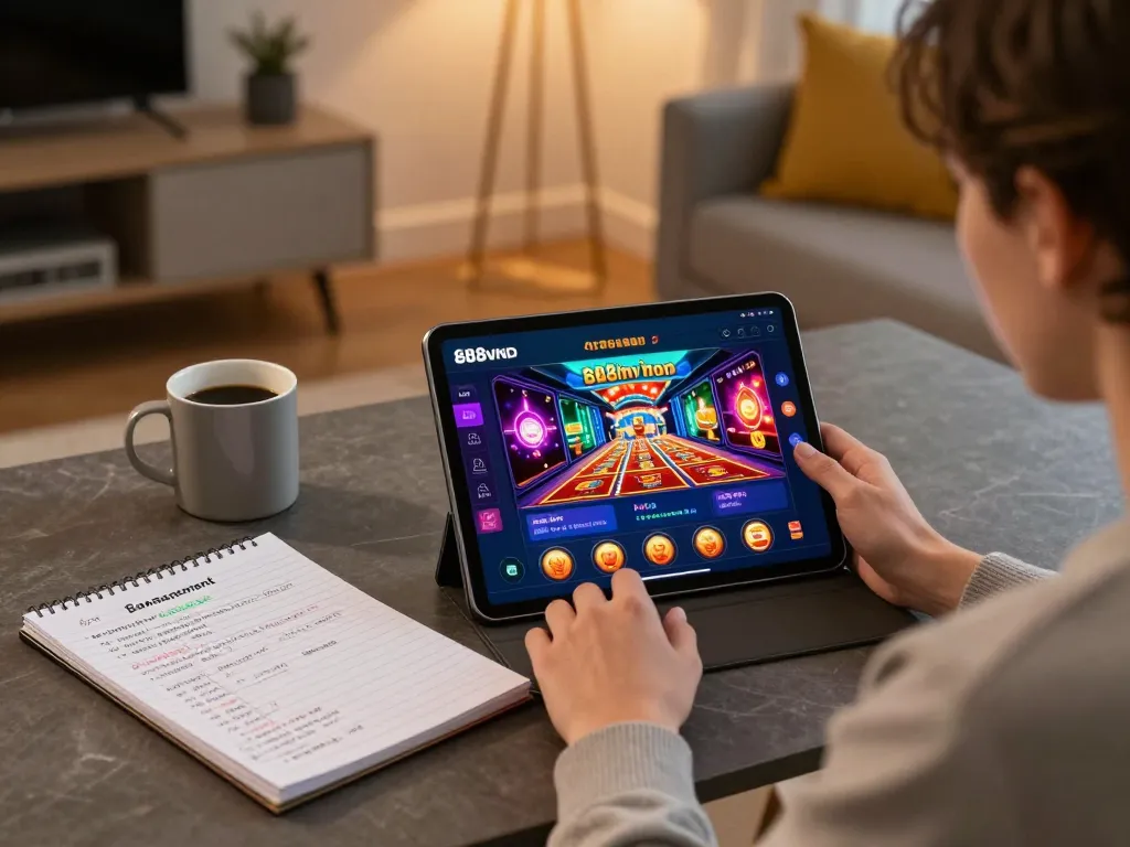 The player engages with the 888vnd app on a tablet, highlighting strategic bankroll management in a cozy room.