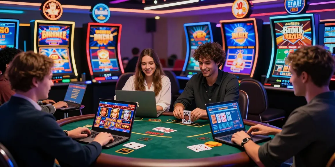 Exciting scene of players engaging with credit card casino sites on laptops and tablets, illuminated by vibrant casino graphics.