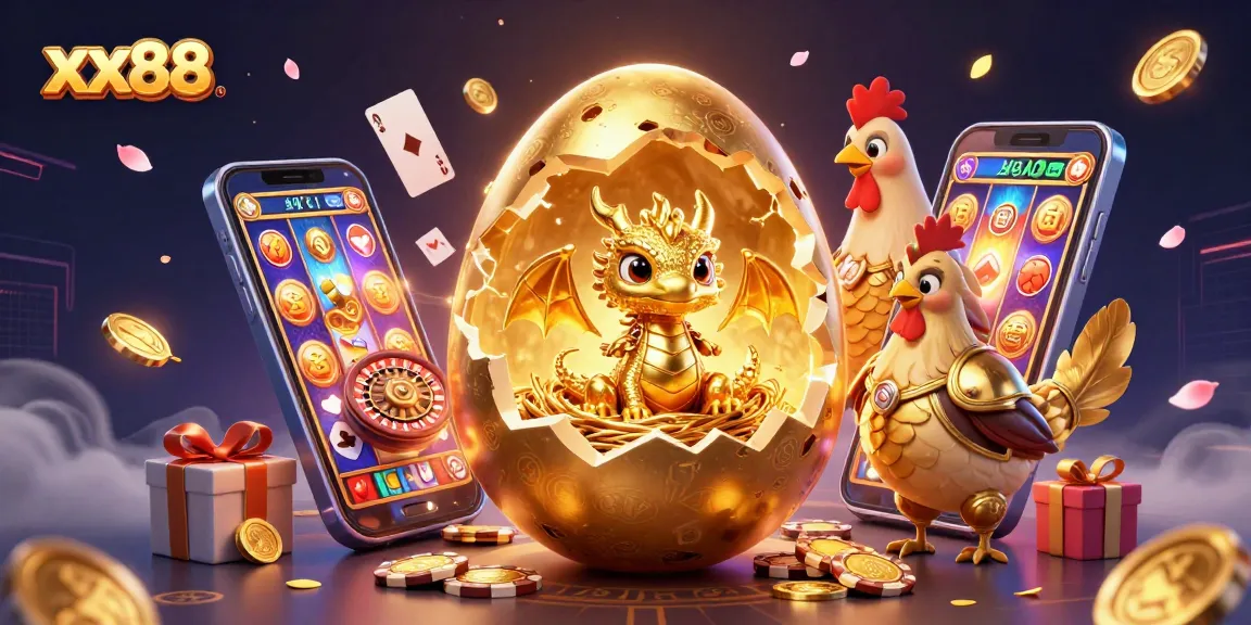 xx88 showcases a golden egg cracking open to reveal a gold baby dragon surrounded by vibrant casino themes.