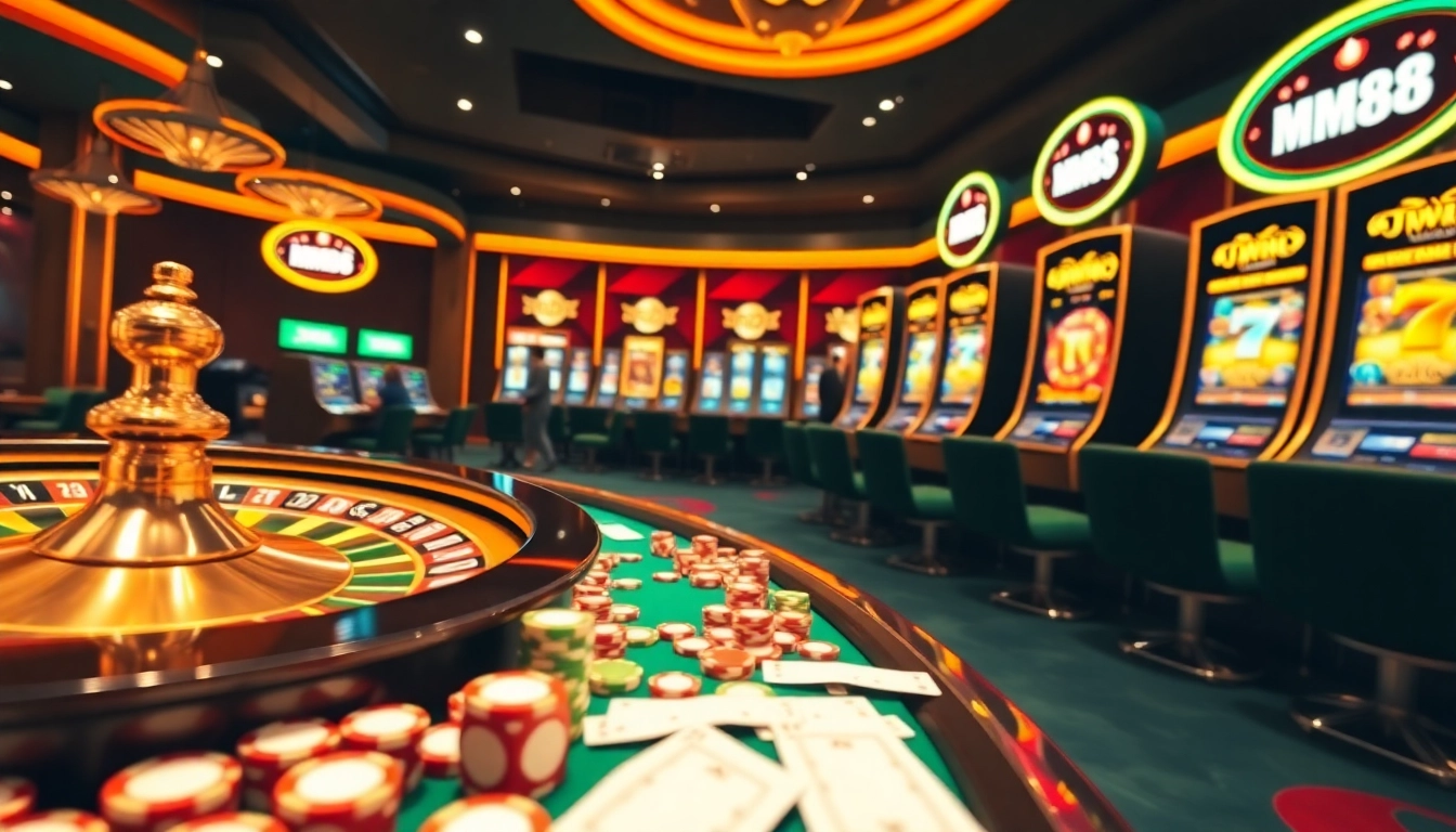 Experience exciting gambling moments at mm 88 with vibrant casino visuals featuring poker chips and a roulette wheel.