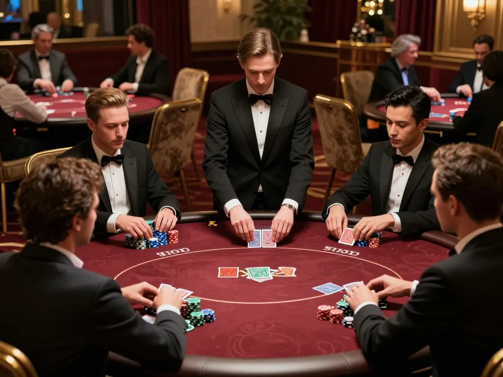 tr88 players engaging in intense poker game with professional dealer at upscale casino table