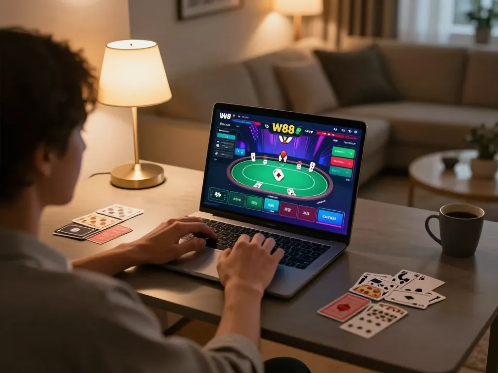 Player engaging in online gambling on W88, showcasing an interactive poker game on laptop in a cozy home environment.