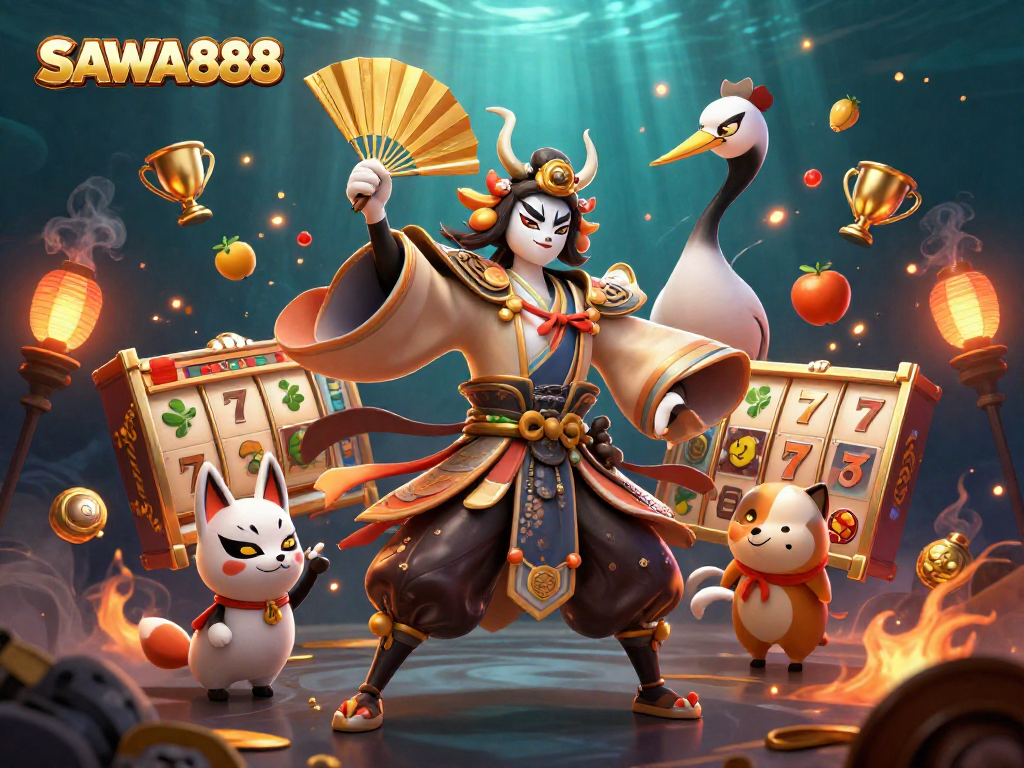 Spin big wins at SAWA888 with rich, vibrant slots and kabuki warriors in a dynamic 3D scene.