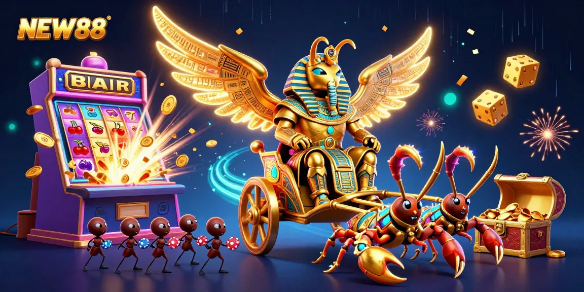 Experience excitement at NEW88 with a vivid 3D casino scene featuring jackpot wins and animated characters.