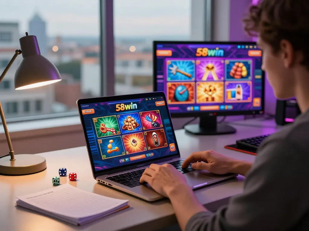 Engaging gameplay on 58win com captured on a laptop screen in a stylish home office setup