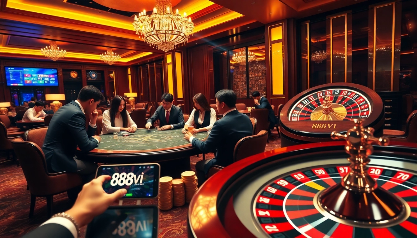 Experience thrilling gameplay at nhà cái 888VI featuring poker chips and a vibrant roulette wheel.