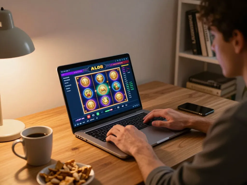 Player enjoying ALO8 online casino on laptop, engaged in dynamic slot gameplay.