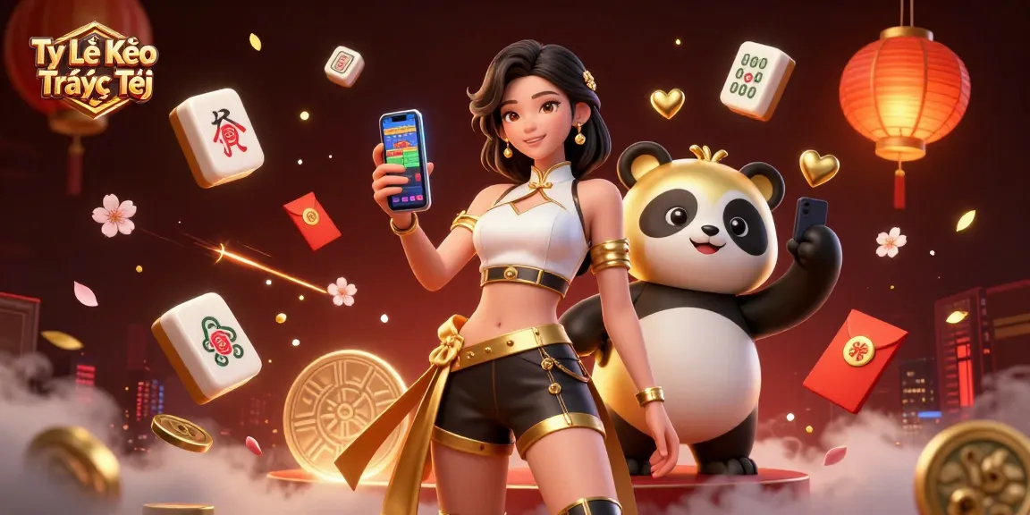 Tỷ Lệ Kèo Trực Tiếp illustrated with an elegant Asian woman and golden panda, showcasing lively sports betting elements.