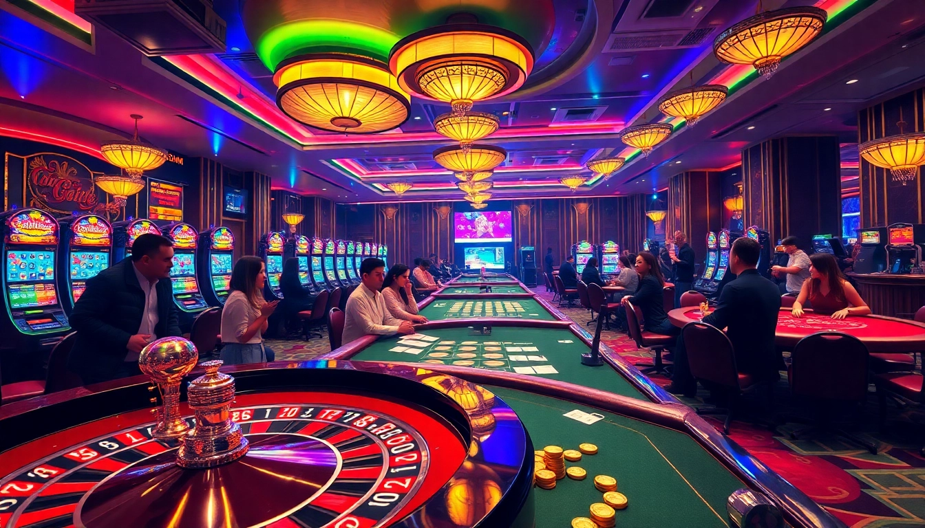Exciting players enjoying games at LuckyWin casino with vibrant atmosphere and rich decor.