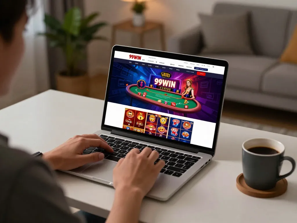 Person logging into 99win đăng nhập on a laptop in a cozy home gaming setup.