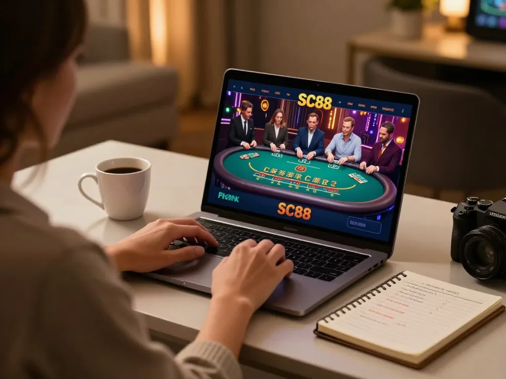 Player engaging with SC88 live dealer blackjack game, stylish modern desk setup with betting strategy notes.