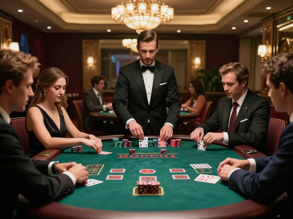 High-stakes blackjack action at a luxurious casino table with debet players strategizing bets.