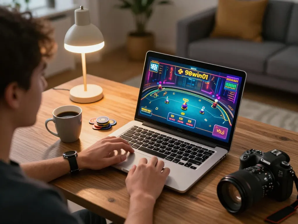 Engaging online poker gameplay on laptop featuring 98win01 interface, showcasing relaxed home gaming atmosphere