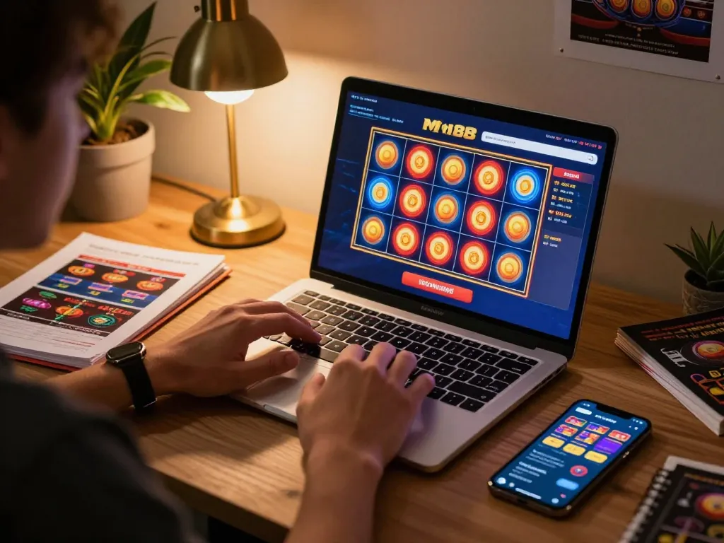 Engaged player exploring MM88 casino gameplay on their laptop with strategy notes visible.