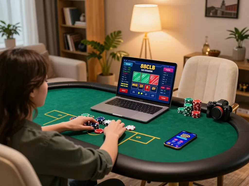 Engage in online betting with 88clbgo, showcasing a cozy and strategic gaming setup at home.