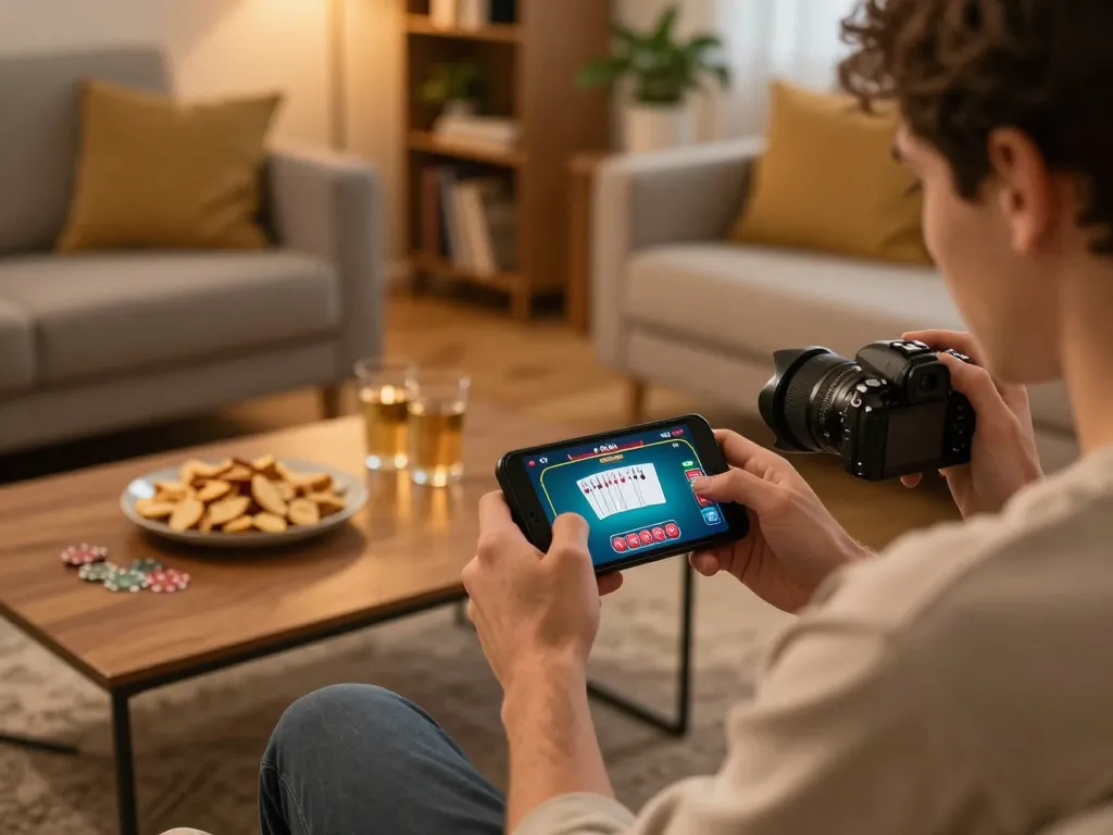 GEM88 player enjoying an online poker game on mobile within a cozy living room, showcasing strategic gameplay.