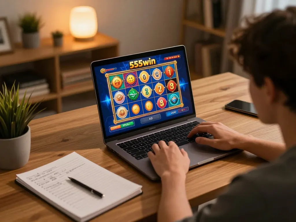 Player winning at 555win online casino, focusing on slot game strategy in a cozy home atmosphere