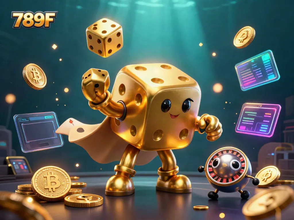 Engage with 789F through captivating 3D casino characters juggling dice and surrounded by crypto assets.