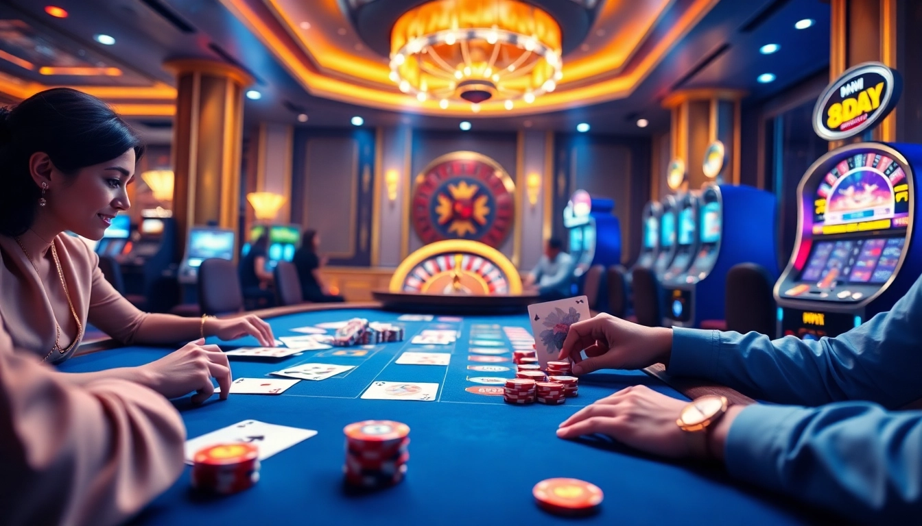 Experience thrilling gameplay at Nhà cái 8DAY with casino tables and vibrant action.