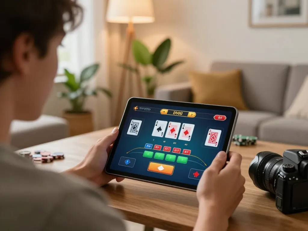 Player engaging in live dealer blackjack on 78wintl from a cozy home setting, showcasing strategic gameplay.