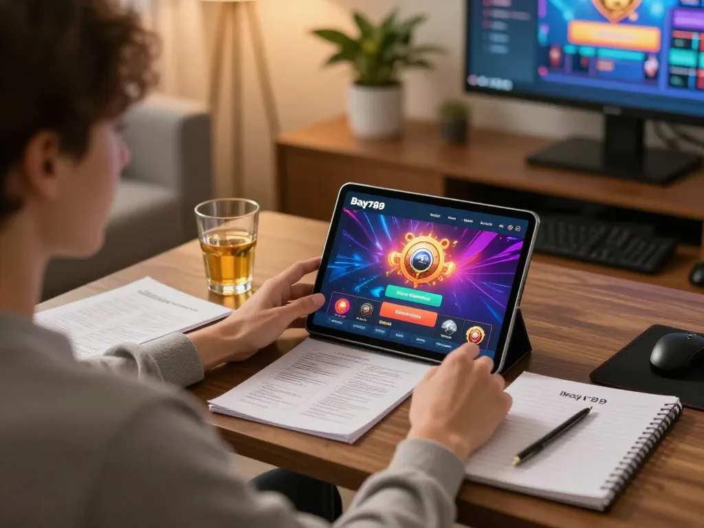 Engaging with Bay789 casino app on a tablet in a cozy gaming setup.