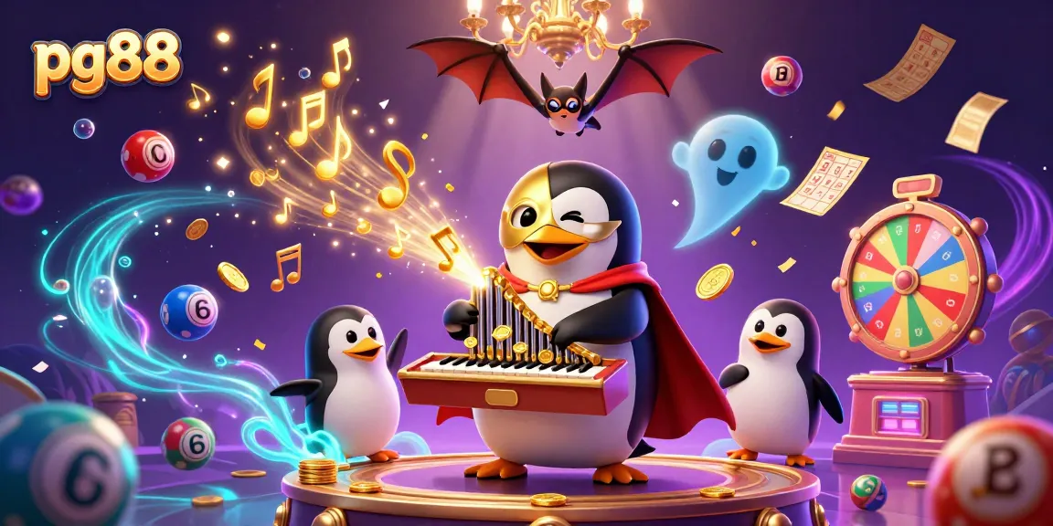 Join the excitement at pg88, featuring a whimsical penguin orchestrating a coin spectacle in a vibrant casino scene.