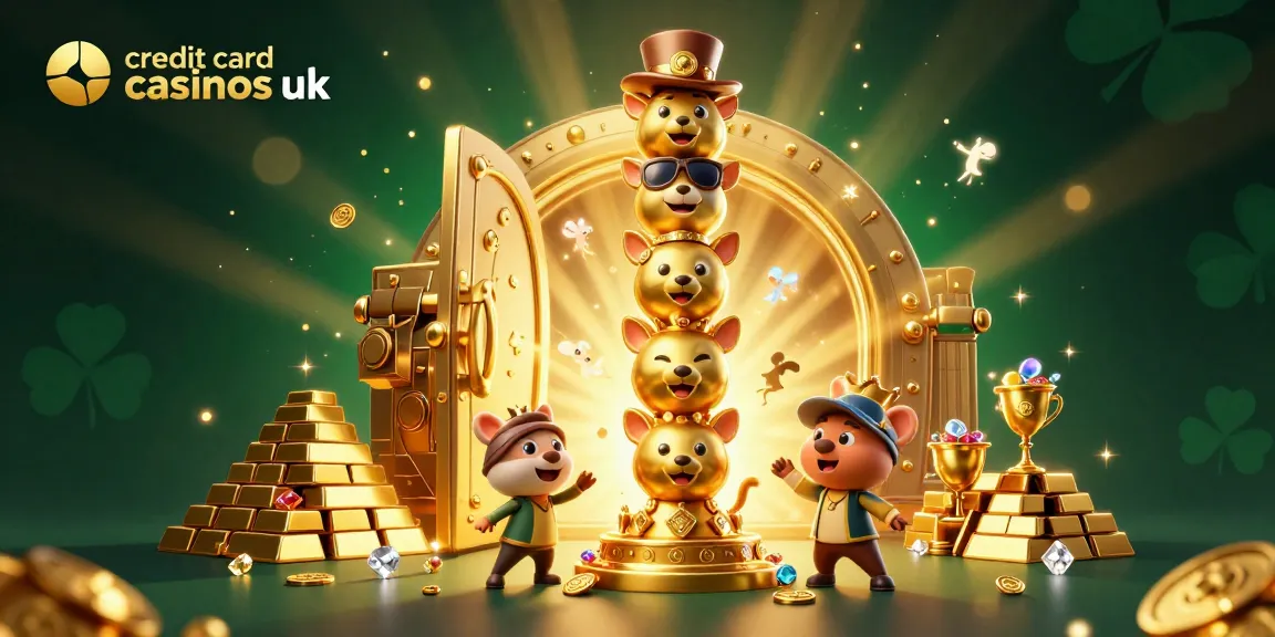 Engage with vibrant 3D illustration showcasing credit card casinos UK, filled with dynamic game elements and golden treasures.