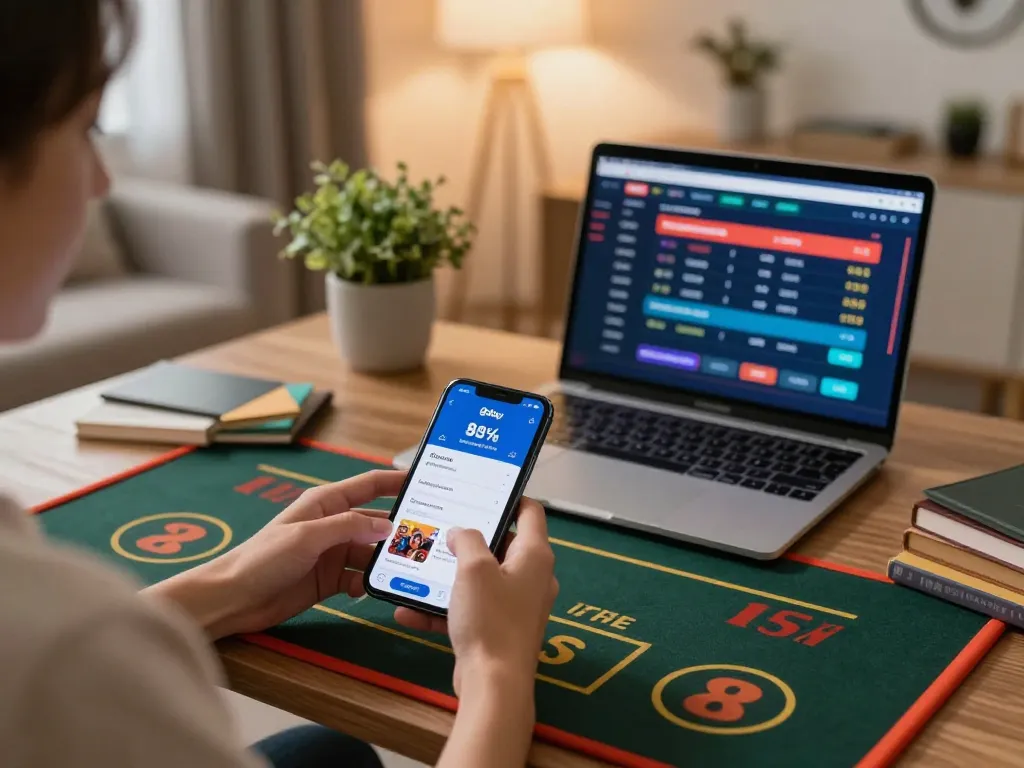 Engaged player using 8day mobile app for casino games in a cozy home setting.