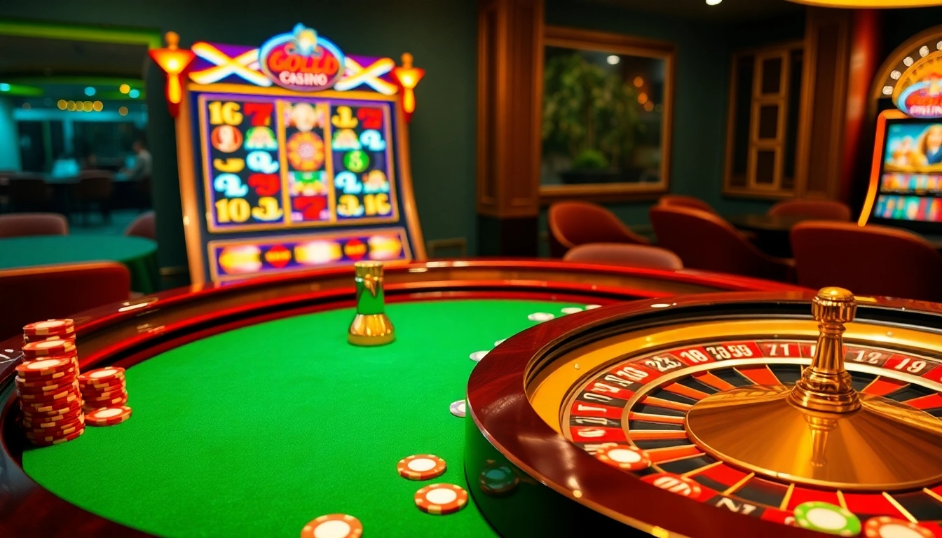 Experience the excitement of lc88 golden at a luxurious casino with roulette and poker tables.