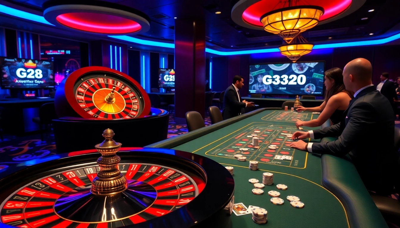 Experience the excitement of G28 com with poker tables and a vibrant roulette wheel.