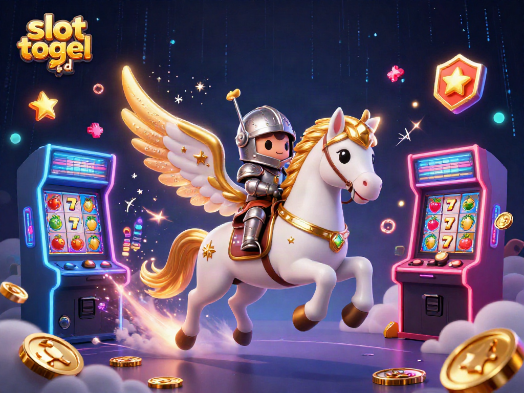 Experience the thrill of slot togel 4d with a celestial horse and knight amidst vibrant gaming action.