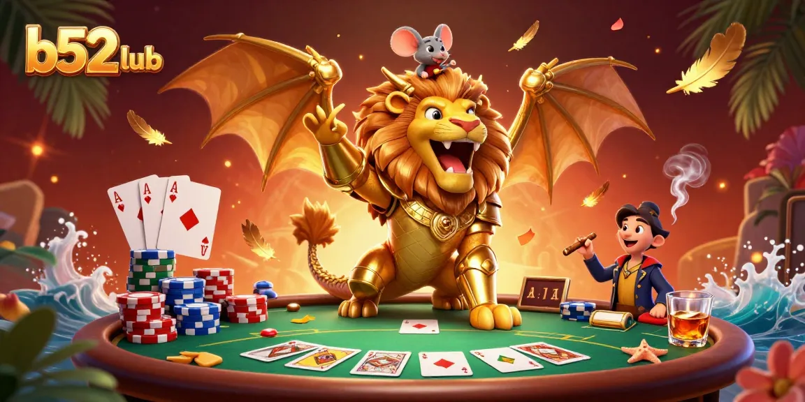B52Club showcases a stunning play with cards and chips, enhanced by iconic elements of poker gaming.