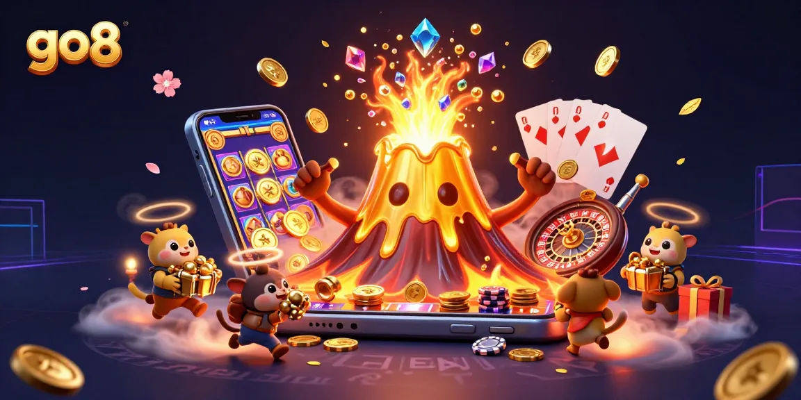 Erupting golden volcano celebrates the go8 casino experience with coins, treasures, and dynamic gaming elements.