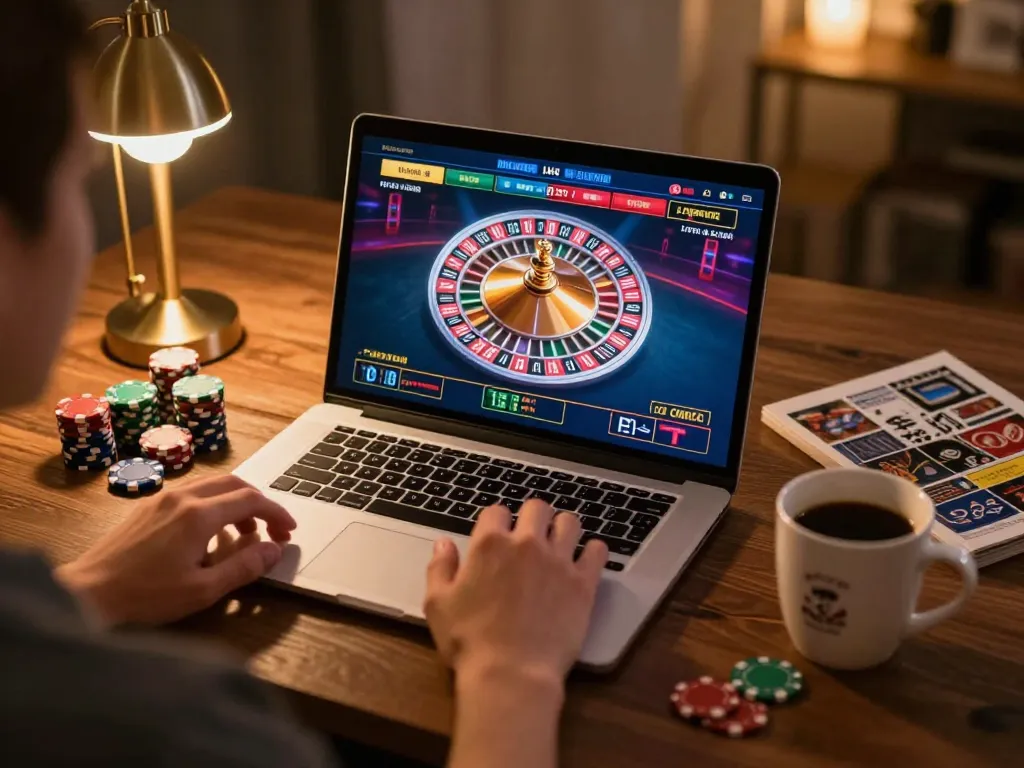 Engaging with nhà cái mb66 for live casino action on a cozy laptop setup.