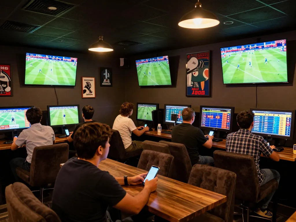 Engaged sports bettors analyzing odds at tylekeonhacai88's modern betting lounge.