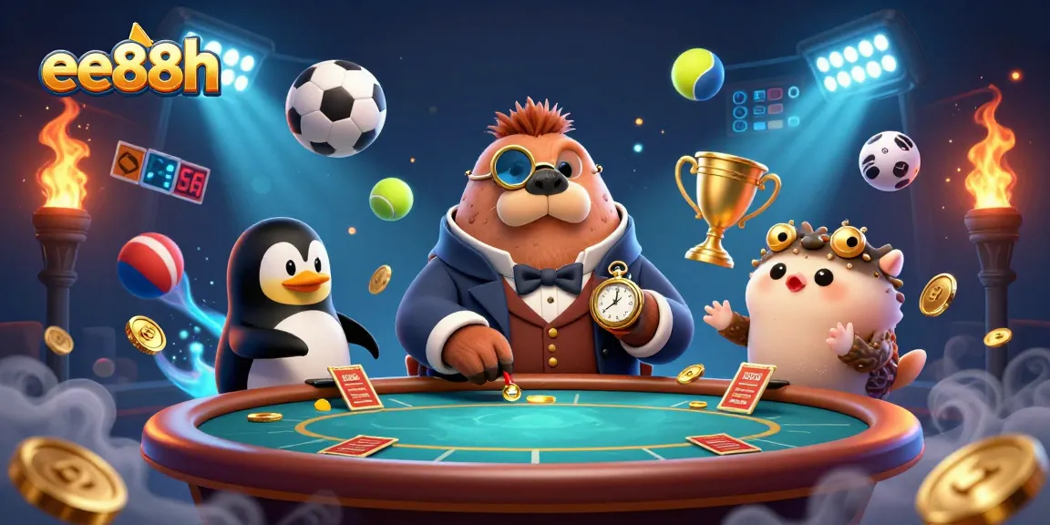 Engage with thrilling games at ee88h, featuring lively underwater poker with a walrus, penguin dealer and pufferfish.
