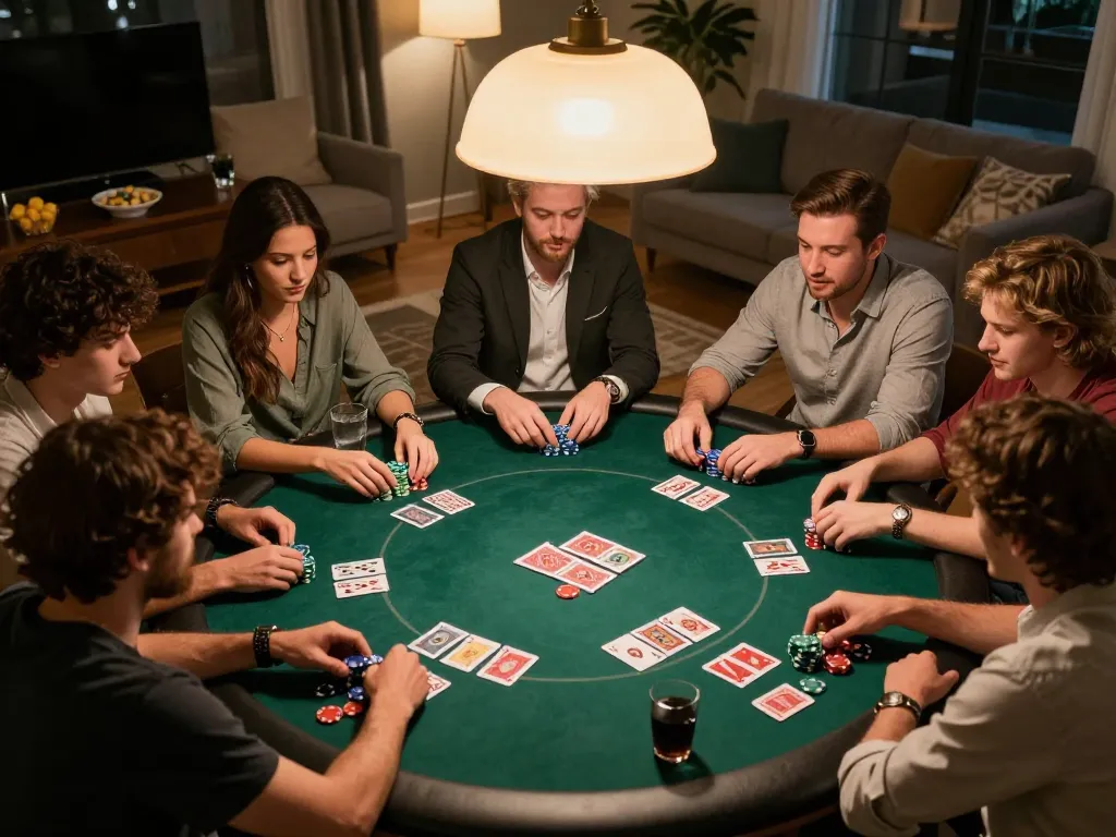 Friends enjoying a poker game at home, showcasing kkwin-style gambling atmosphere with strategic gameplay.
