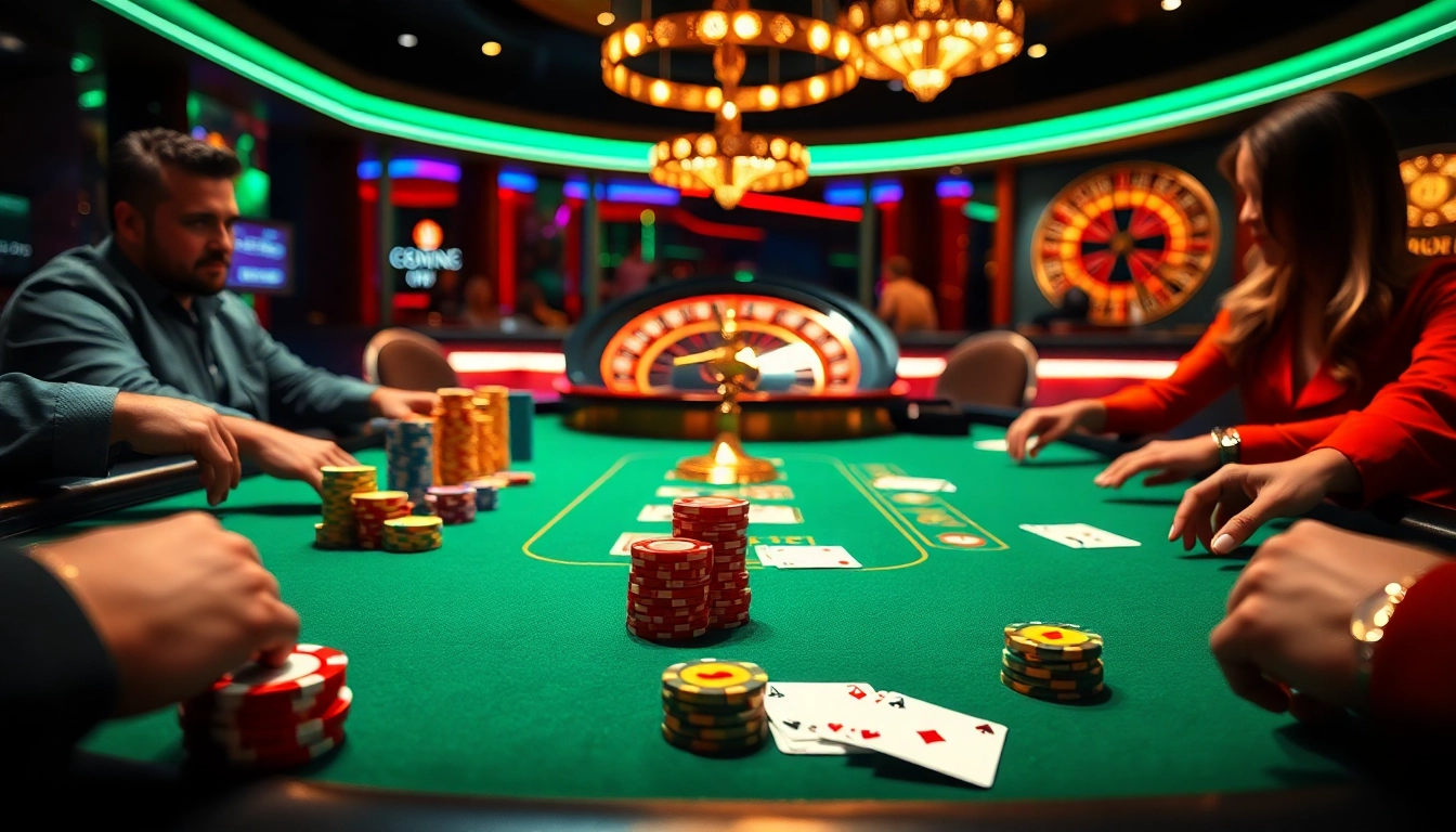Players engaging at an LC88-themed poker table in a vibrant casino atmosphere.