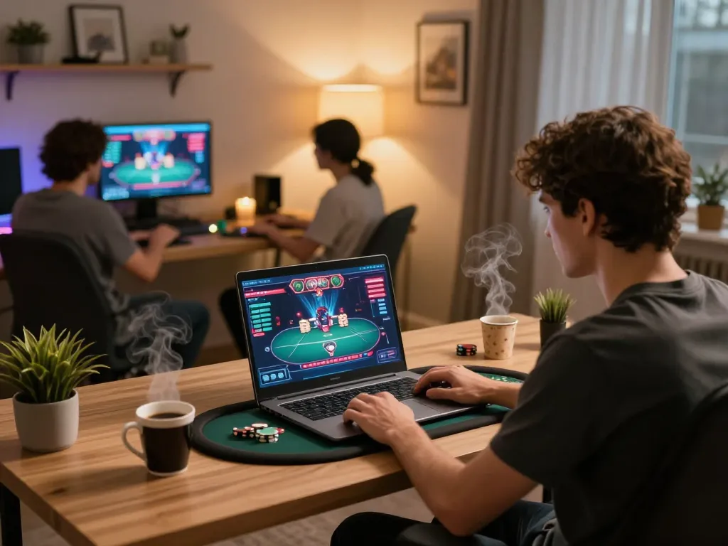 Person engaging in online poker gaming 88VV in a cozy home office with warm lighting.