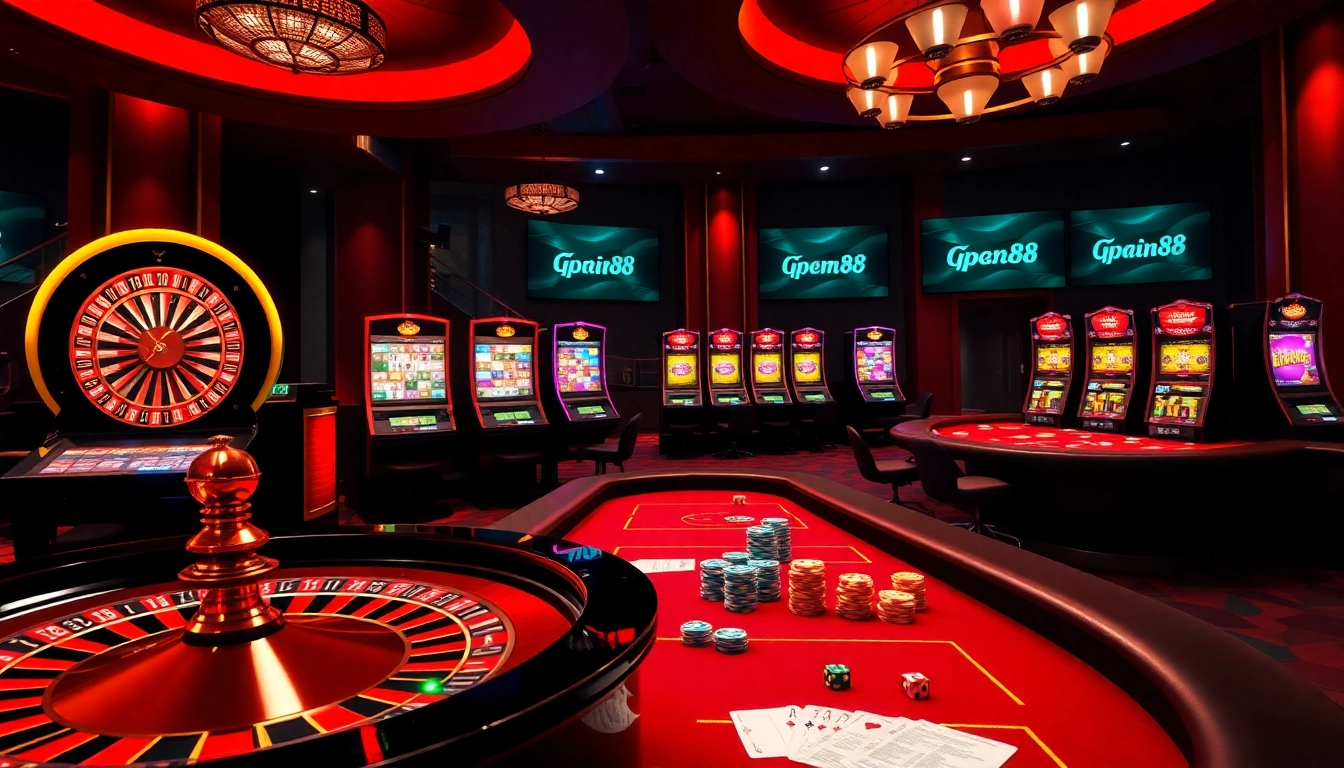 Players enjoying the interactive experience at open88 com with vibrant slot machines and roulette wheels.