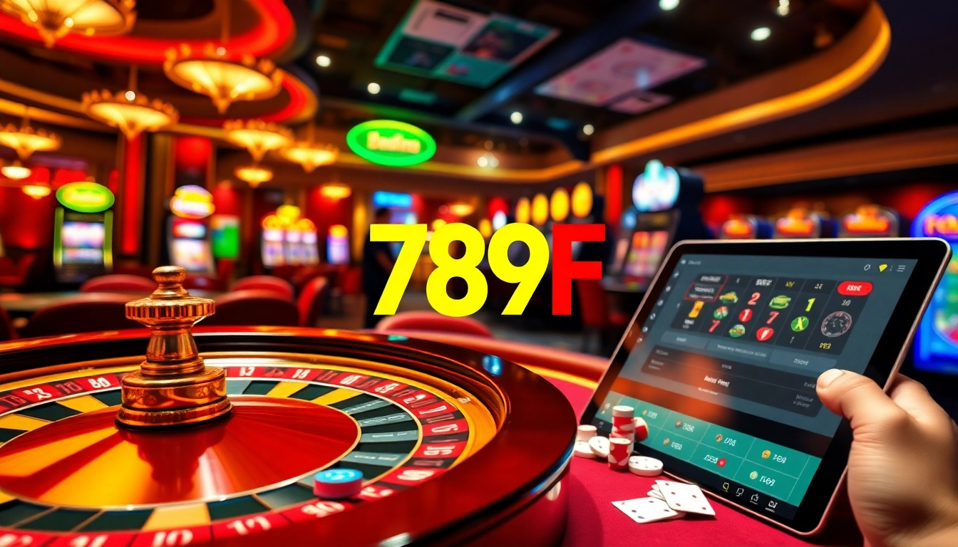Experience thrilling games at 789F with vibrant casino visuals featuring roulette, poker tables, and slot machines.
