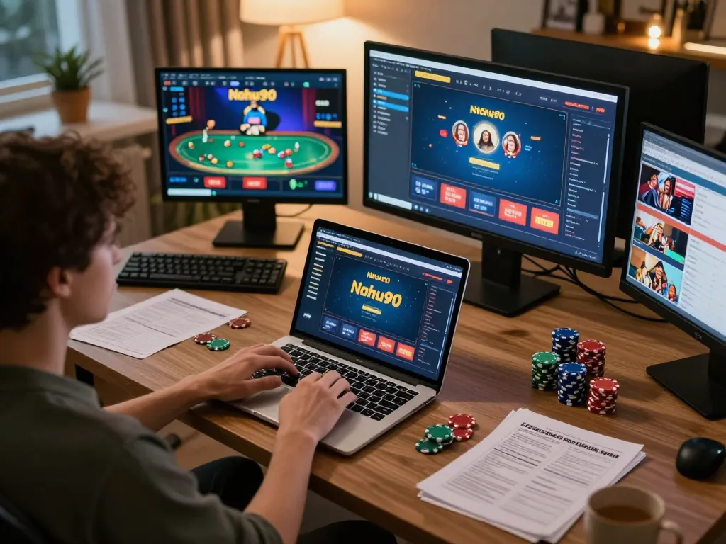Nohu90 user engaged in online betting with multiple screens displaying games.