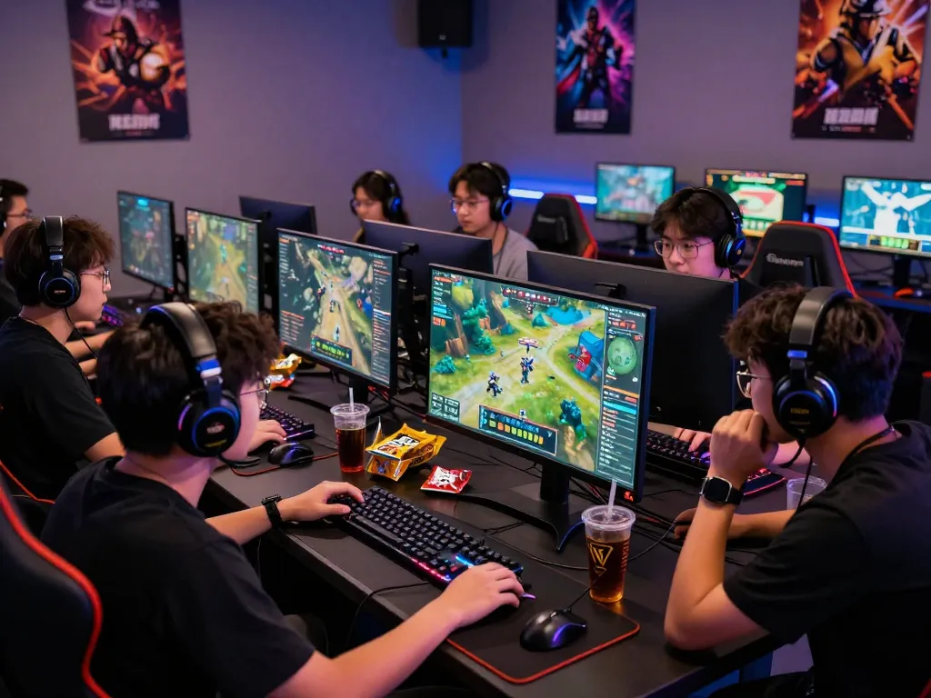 Gaming setup with players strategizing online strategies featuring bomwin in a vibrant, competitive atmosphere.