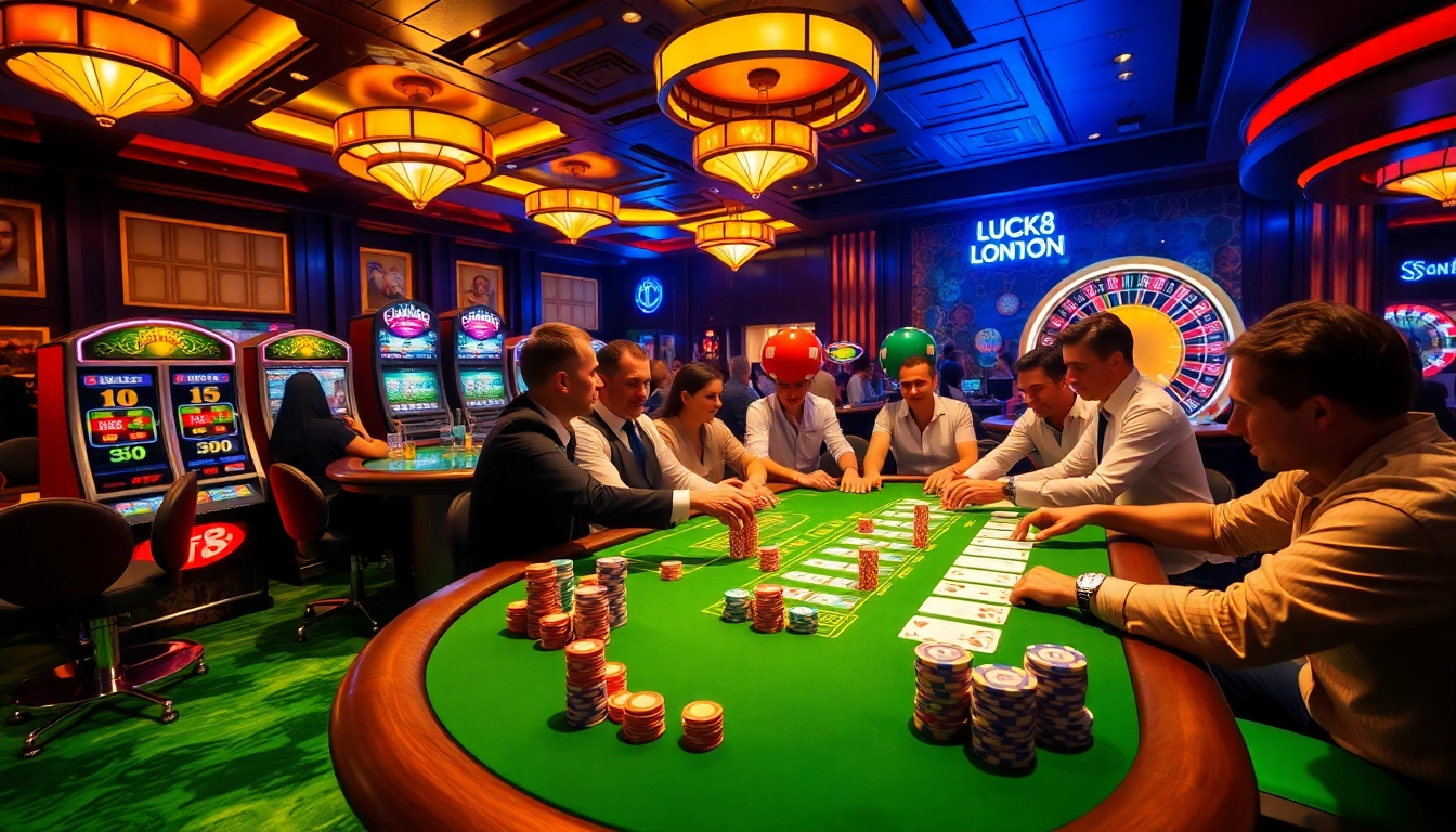Lively poker game at a casino table on luck8.london, with players and colorful chips.