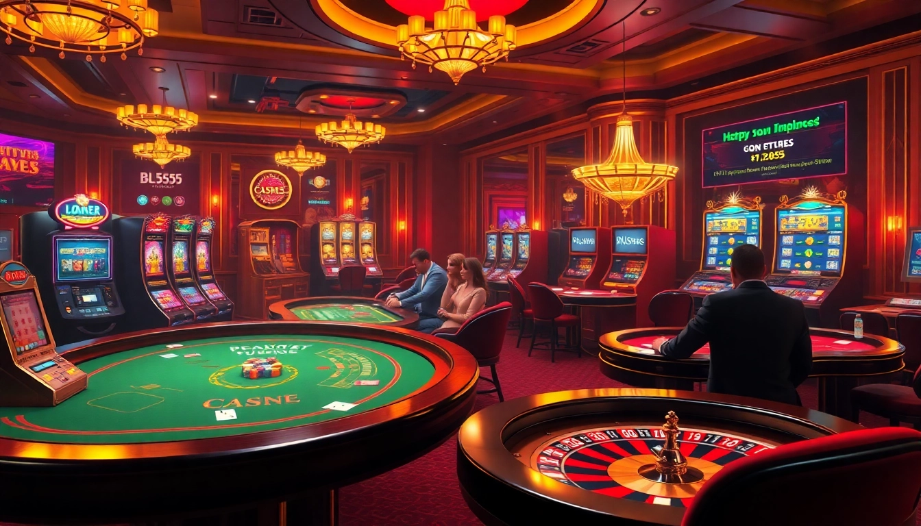 Players enjoying high-stakes games at https://bl555.exchange/ with vibrant casino elements and thrilling atmosphere.
