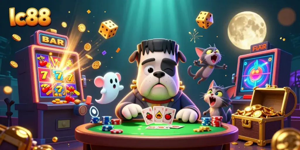 Engaging lc88 casino scene with a monstrous dealer, ghost mouse, and werewolf kitten at a vibrant gaming table