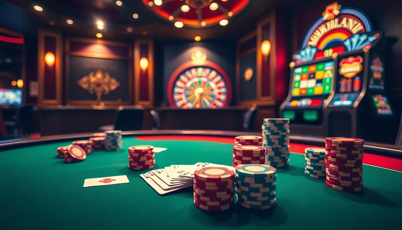 Engaging gambling scene at https://tg88pro.com/ with poker and roulette tables, exuding luxury and excitement.